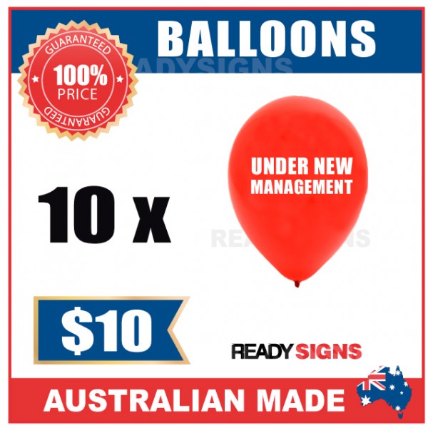Balloons - UNDER NEW MANAGEMENT Double Sided Red Balloons - Printed White Text Pack of 10